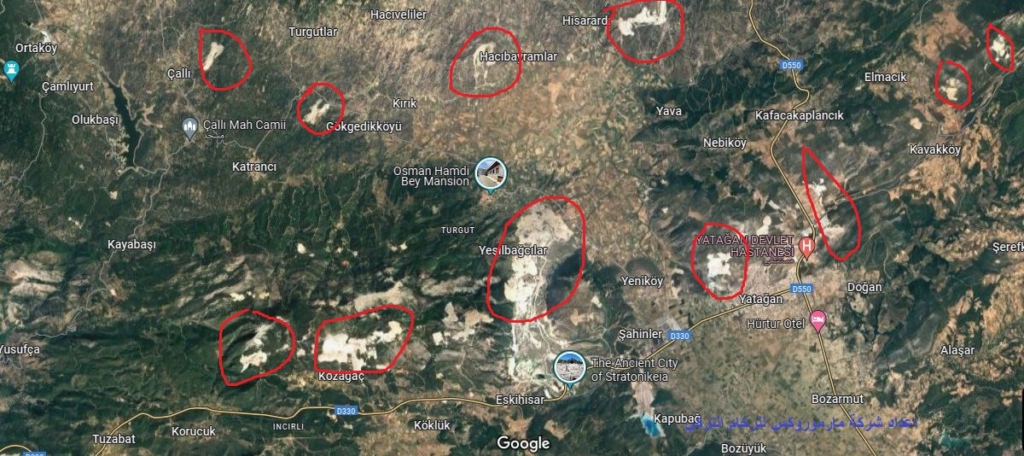 صورة جوية من خرائط غوغل لمنطقة موغلا حيث تتوزع محاجر الرخام موغلا الابيض التركي
